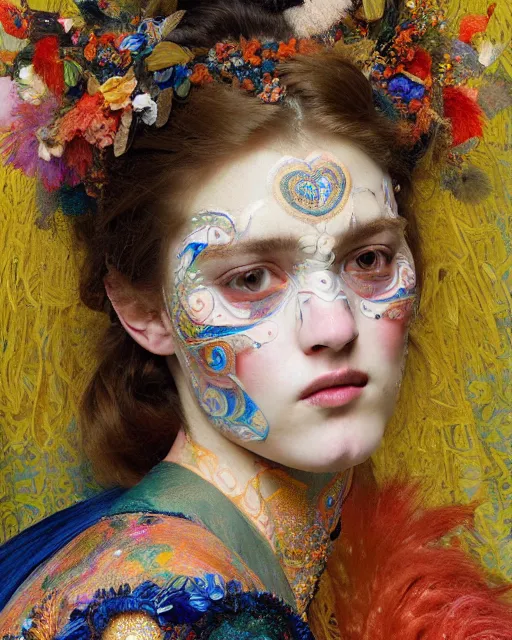 Image similar to a beautiful girl wearing colourful face paint surrounded by bright intricate patterns, by edgar maxence and caravaggio and michael whelan, intricate painting, hyper realistic, extremely detailed and beautiful aesthetic face, 8 k resolution