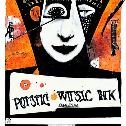 Image similar to post - punk cabaret album cover, black, white, orange, psychedelic, new age, magic, enki bilal