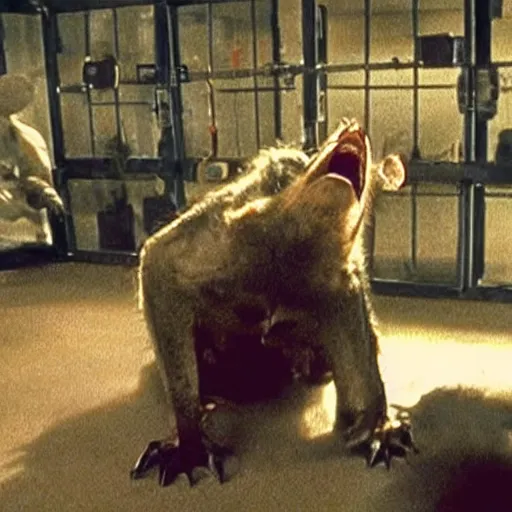 Prompt: screenshot from a movie showing a rabid vampire bat attacking a female scientist in a biolab.