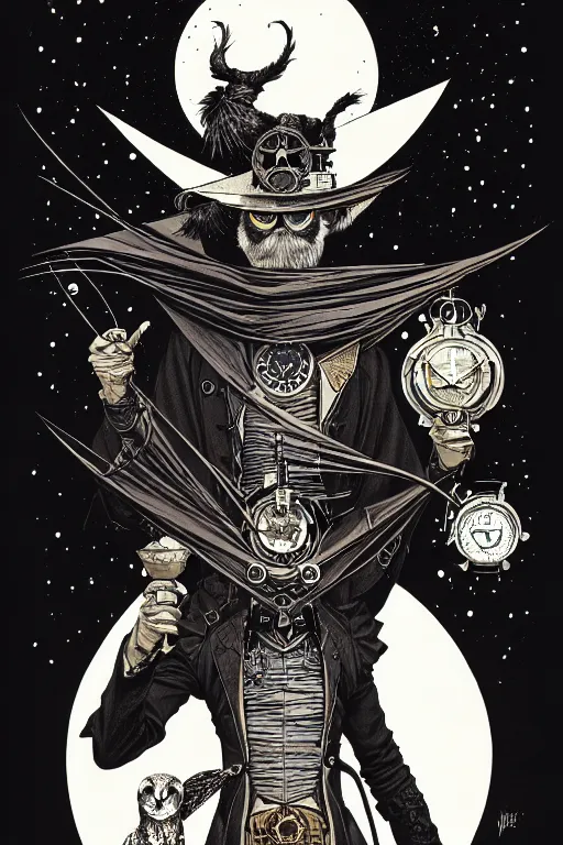 Image similar to side view of majestic steampunk alchemists cloaked wizard holding his pet owl, high details, bold line art, by vincent di fate and joe fenton, inking, etching, screen print, masterpiece, trending on artstation, sharp, high contrast, hyper - detailed,, hd, 4 k, 8 k