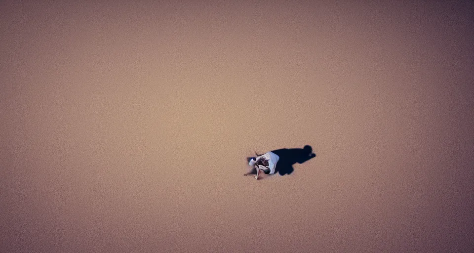 Image similar to a lonely necromancer kneeling on the sand of a mercyless desert, flickering air, hot sun from above, clouds in the sky, the feeling of dread and existential terror, octane render, unreal engine, 8k high definition