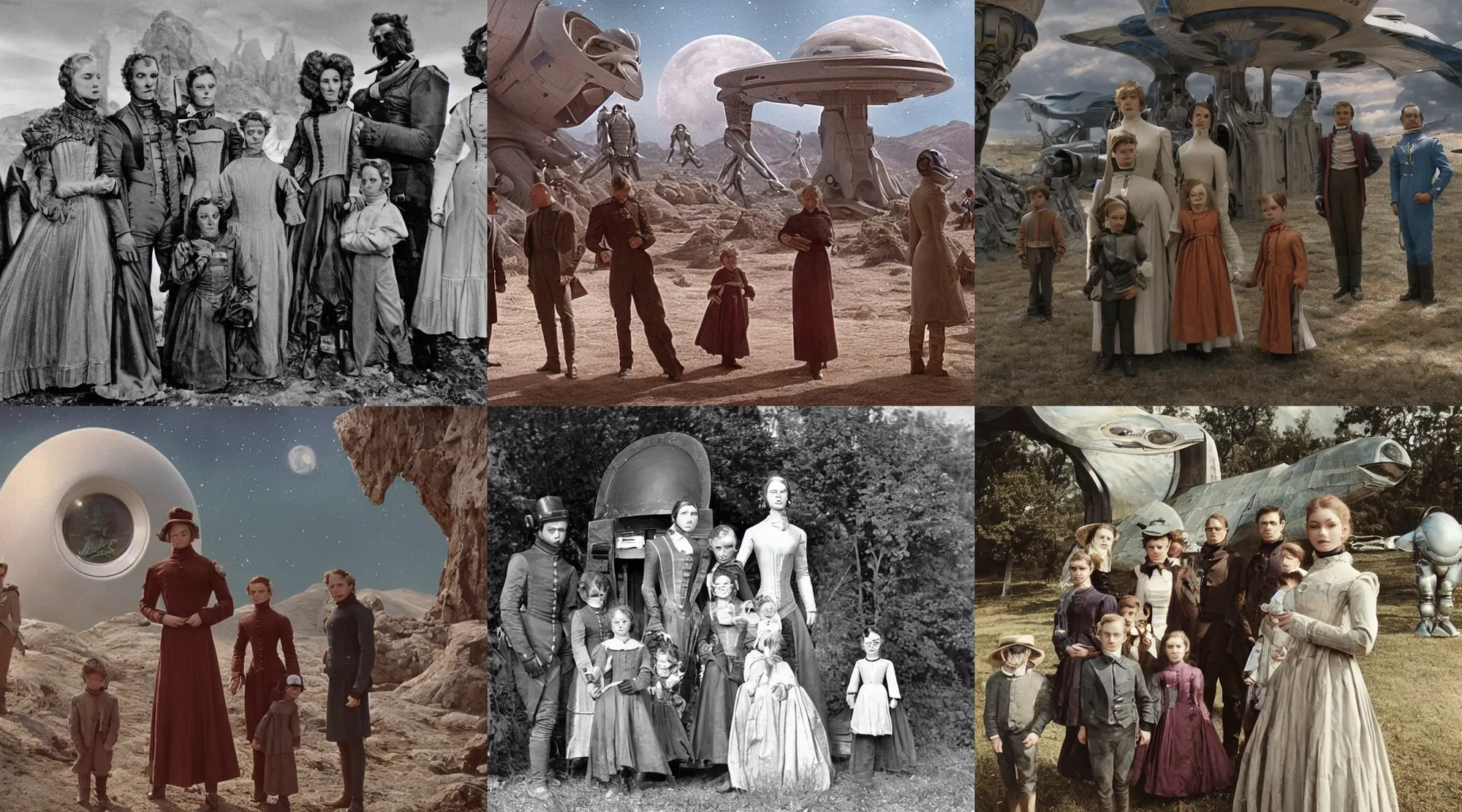 Prompt: sharp, 256k film still from a sci fi blockbuster color movie made in 2022, set in 1860, of a family standing in front of a spaceship that has just landed on an alien planet, a humanoid alien creature stands nearby, the family are all wearing 1850s era clothes, cinematic lighting, human faces, extremely good lighting, winner of seven oscars