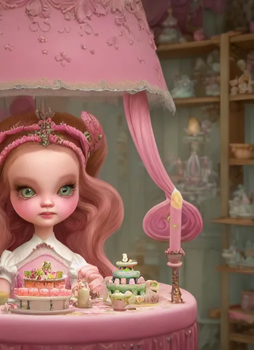 Prompt: highly detailed closeup portrait of a fairytale princess's cake shop, unreal engine, nicoletta ceccoli, mark ryden, earl norem, lostfish, global illumination, detailed and intricate environment