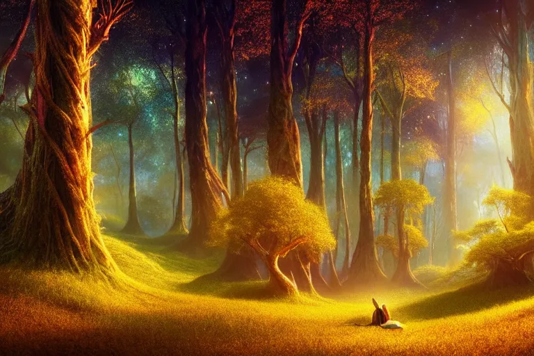 Image similar to vivid surreal landscape : : magic forest nature : : weta disney pixar movie still photo : : decadent highly - detailed digital painting, full length shot, golden, golden hour, galaxies, stars, light trails, ratio, octane render, artstation, smooth, sharp focus, artgerm, mucha, loish, wlop, gogo