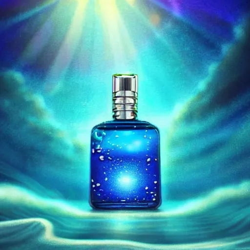 Image similar to blue perfume bottle surrounded by turquoise water droplet and galactic waves, lonely world still shining through faintly rainbow led lights, beautiful surreal scenery artwork pixiv. soul dust. unthinkable dream sublime god lighting, sun rays, cold colors. insanely detailed, artstation!! pixiv!! infinitely detailed created by god