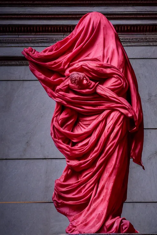 Prompt: the unknown maiden hiding his face under a red silk veil, statue made with embossed polished dark marble, sculpted by hedi xandt and bernini, epic and cinematic view, volummetric light, intricate, detailed, 8 k