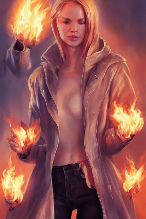Prompt: wonderful young blonde woman with flames dancing on her hands with a long jacket in a cyberpunk city, realistic mouth, realistic, high definition, detailed and symetric face, detailed and realistic hands, expressive eyes, 4 k, shimmering color, art by artgerm ans greg rutkowski and magali villeneuve