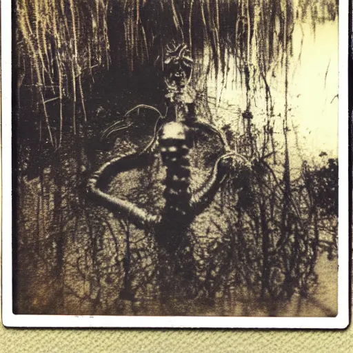 Prompt: creepy lovecraftian monster in swamp, 1 9 1 0 polaroid photo