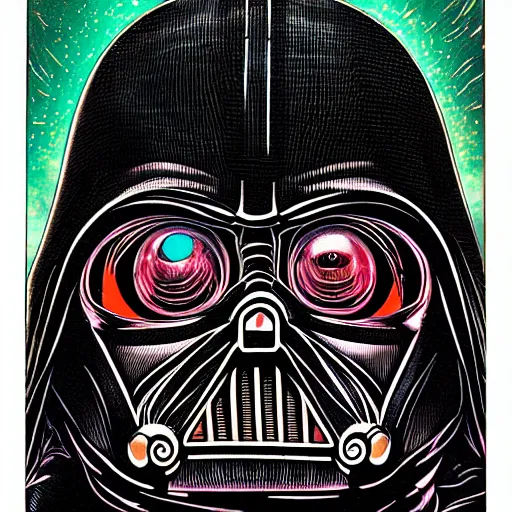 Image similar to portrait closeup of crazy darth vader, symmetrical, hyper detailed, by yoichi hatakenaka, masamune shirow, josan gonzales and dan mumford, ayami kojima, takato yamamoto, barclay shaw, karol bak, yukito kishiro