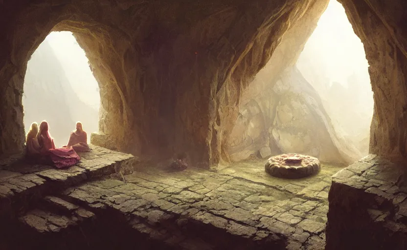 Image similar to painting of a series of living quarters overlooking communal area of a hidden, cozy ring - shaped complex carved inside a mountain, cozy bed, well maintained, clean, medieval, fantasy genre, natural light, fantasy, natural light, concept art, by greg rutkowski and craig mullins, cozy atmospheric and cinematic lighting, trending on artstation