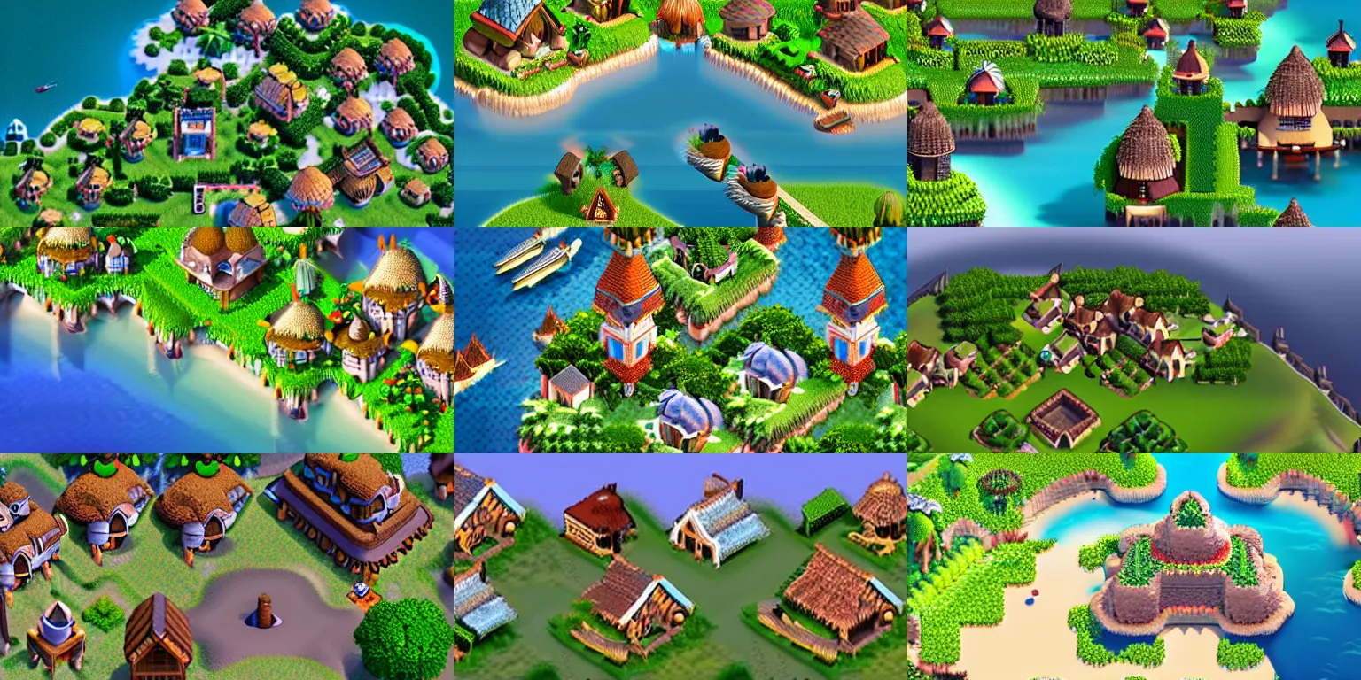 Prompt: ultra realistic concept art of aerial view of village on island in the style of clash of clans