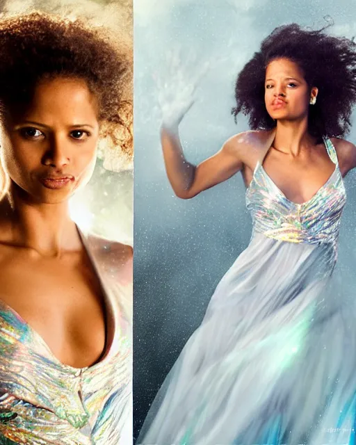 Image similar to annie leibovitz style photoshoot editorial of gugu mbatha - raw as sue storm of the fantastic four, wearing a beautiful iridescent shimmering wedding dress made out of particle effects, force field soap like bubble, hyperreal, magical, translucent, iridescent, shimmering wedding dress