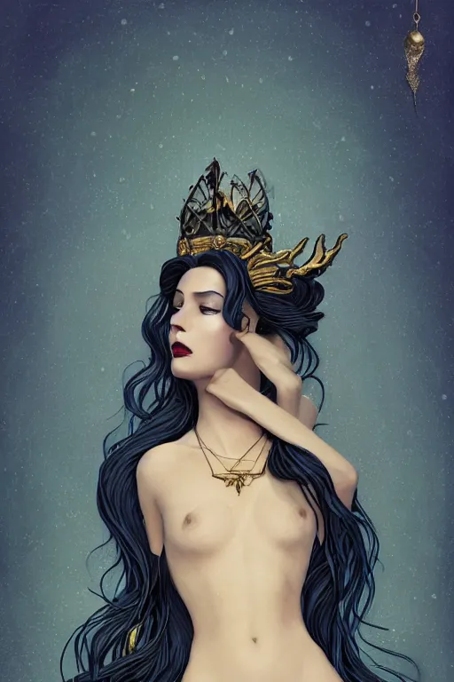 Prompt: a beautiful dark androgynous mermaid, pinup pose, long hair, tall and thin, wearing dozens of pendants and a gown of gold, small delicate crown of the sea on her head, illustration, dramatic lighting, Nocturne, soft details, painting oil on canvas, (art nouveau), octane render, HDR, 4k, 8k, HD, CGSociety, Artstation, by Brom, Charlie Bowater, faces by otto schmidt