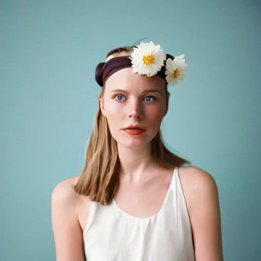 Image similar to a photograph of beautiful nordic woman wearing a white folkdrakt dress, she has a summer flower headband. against a teal studio backdrop. strong kodak portra 4 0 0 film look. film grain.