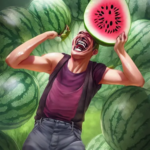 Prompt: a mad scientist in his back yard laughing happily at the watermelons which are falling from the sky , made by Stanley Artgerm Lau, WLOP, Rossdraws, ArtStation, CGSociety, concept art, cgsociety, octane render, trending on artstation, artstationHD, artstationHQ, unreal engine, 4k, 8k,