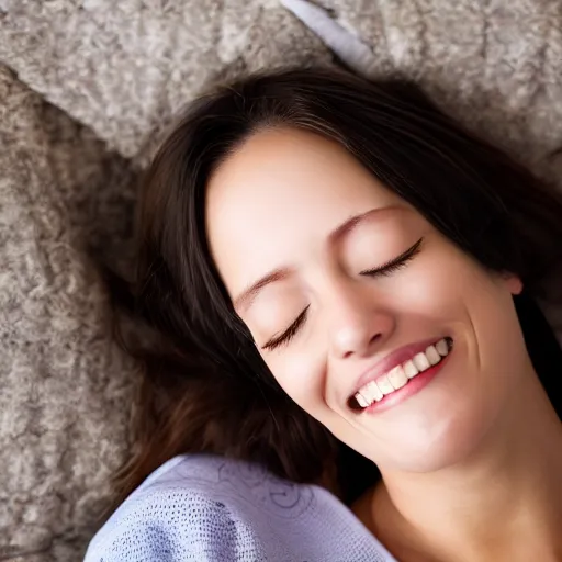 Image similar to a beautiful woman smiles as she falls asleep