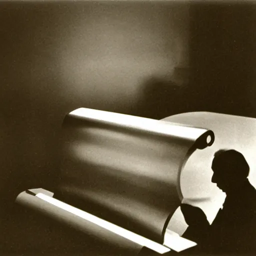 Image similar to filmstill of Marcel Duchamp working on a futuristic machine, long exposure, minimal composition, rule of thirds, archival pigment print