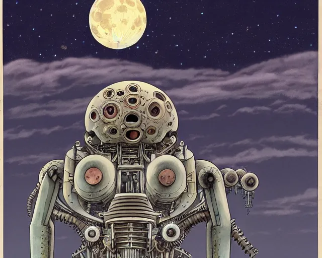 Image similar to a mechanical blueprint of a lovecraftian mechanized sloth from howl's moving castle ( 2 0 0 4 ), with a big head, in a war - torn desert village, wide shot, in front of a big moon, muted colors, post grunge, studio ghibli, hq, art by artgem