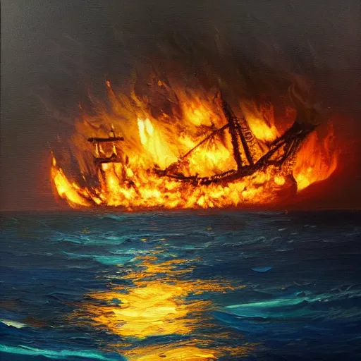 Image similar to pirate ship burning in the sea, at night with storm, oil painting