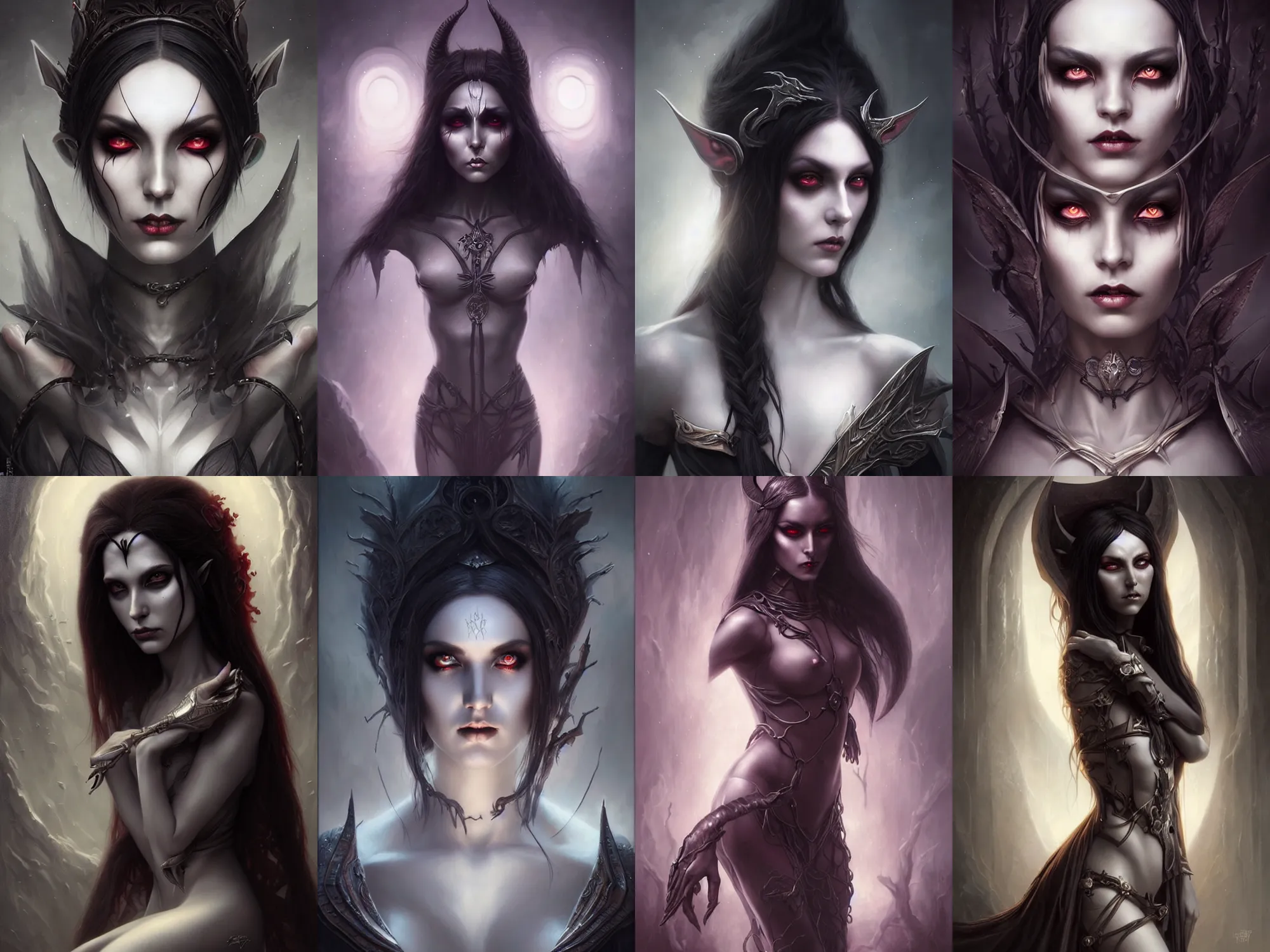 Prompt: a hauntingly beautiful dark elf woman, painted by artgerm and tom bagshaw, fantasy art, dramatic lighting, highly detailed oil painting