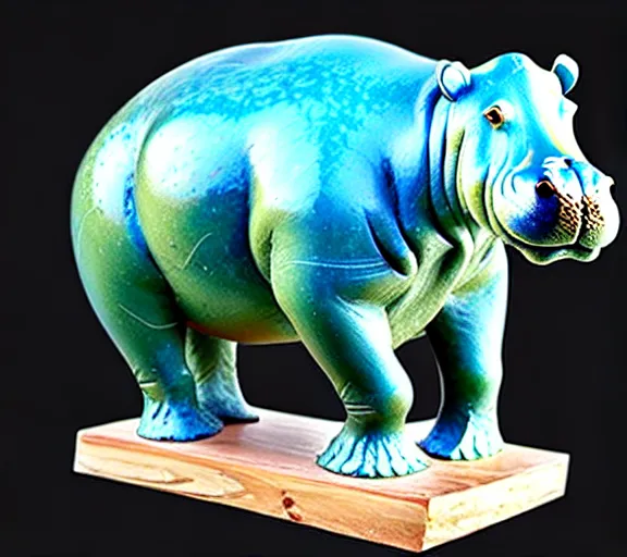 Image similar to a sculpture of hippo baby, bottom half wood!!!!! carved, top half blue translucid resin epoxy, cubic blocks, side view centered, studio