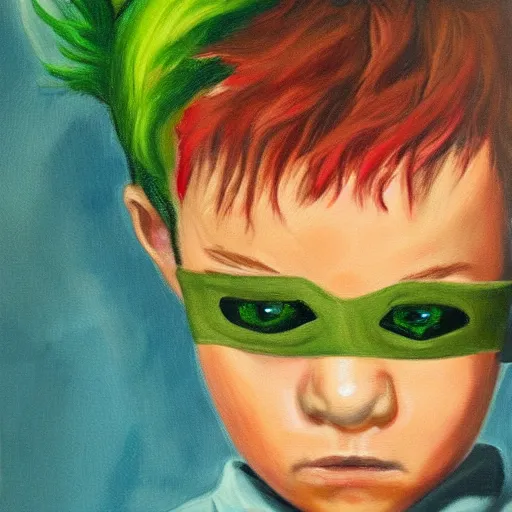 Prompt: a painting of a boy with green hair and devil horns and an eye patch