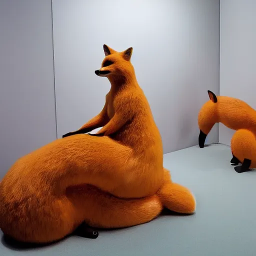 Image similar to rotund obese fox, glossy resin statue, Ron Mueck masterpiece in exhibition, wide angle shot