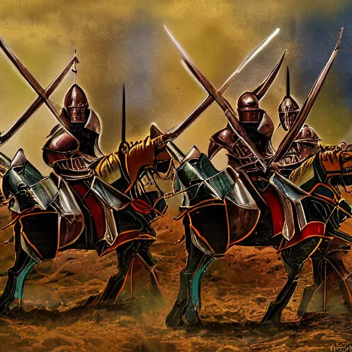 Prompt: digital art color photograph of crusader knights in armor fighting