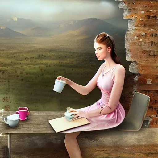 Prompt: highly detailed matte painting of russian girl drinking tea while programming, realistic,