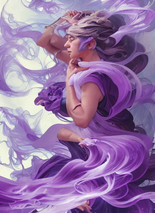 Image similar to madam mim, purple smoke aura in motion, floating pieces, painted art by tsuyoshi nagano, greg rutkowski, artgerm, alphonse mucha, spike painting