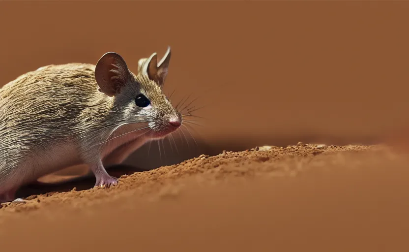 Prompt: scifi concept art, a small desert mouse riding on the back of the giant sandworm, macro focus, pixar animation