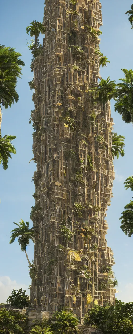 Prompt: solarpunk style, eye level view of a contemporary tower, golden intricate details, stone facade, sacred architecture, hanging gardens, cascading highrise, arid mountains with lush palm forest, photorealistic, sunlight, 8 k, post - production, octane, cgi, sfx