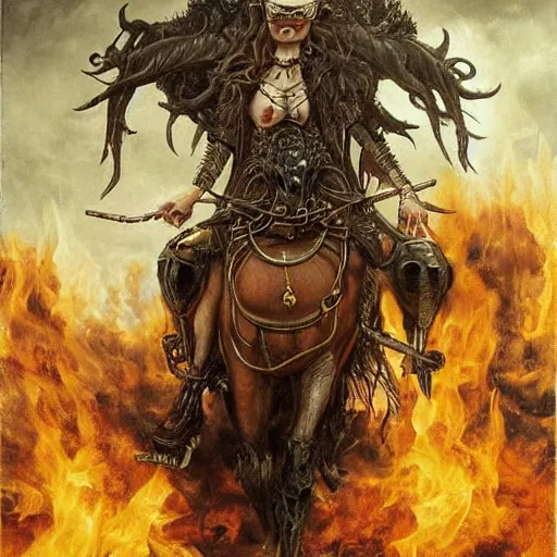 Prompt: a hyperrealistic painting of a beautiful woman with demonic horns wearing steampunk goggles, riding a horse into the fires of hell, by santiago caruso, highly detailed,