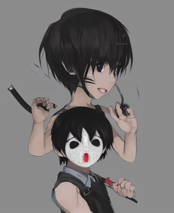 Image similar to cute little boy with black hair anime character inspired by jason voorhees, art by rossdraws, wlop, ilya kuvshinov, artgem lau, sakimichan, jakub rebelka and makoto shinkai, anatomically correct, extremely coherent, highly detailed, sharp focus, slasher movies, smooth, very realistic, symmetrical