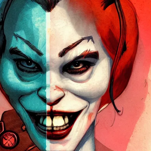 Image similar to Harley Quinn as a young ape kid, illustration, comic, by James Jean, by John Coltrane and Marc Simonetti, high detail of the face, full body