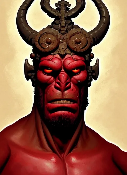 Prompt: portrait of hellboy, intricate, elegant, highly detailed, my rendition, digital painting, artstation, concept art, smooth, sharp focus, illustration, art by artgerm and greg rutkowski and alphonse mucha and uang guangjian and gil elvgren and sachin teng, symmetry!!