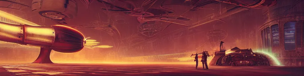 Image similar to concept art, retro - futurist steampunk pilot, airship hangar, imperious, octane render, artstation, dramatic neon lighting, glowing imperial motifs, eerie, mysterious, red turquoise accents, bladerunner, by gerald brom, james jean, syd mead, akihiko yoshida, cinematic