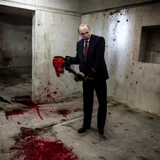 Image similar to putin with a chainsaw and a corpse. in a concrete bunker. focus on putins face with blood splatters. canon eos r 3, f / 1. 4, iso 1 6 0 0, 1 / 8 0 s, 8 k, raw, grainy