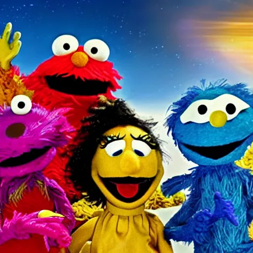Image similar to yipyip aliens sesame street flying a ufo through space