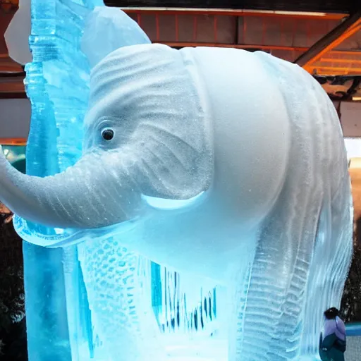 Prompt: fish frozen inside an ice sculpture of an elephant