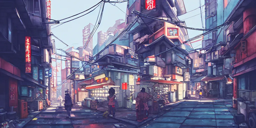 Prompt: japanese downtown, architecture, tokyo street, stylized, alleyway, in watercolor gouache detailed paintings, artstation, 8 k, big medium small, overwatch building, insanely detail, arcane, simon stalenhag, cyberpunk, food stall