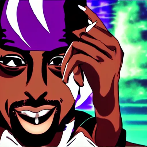 Image similar to Tupac Shakur, screenshot from a 2012s anime