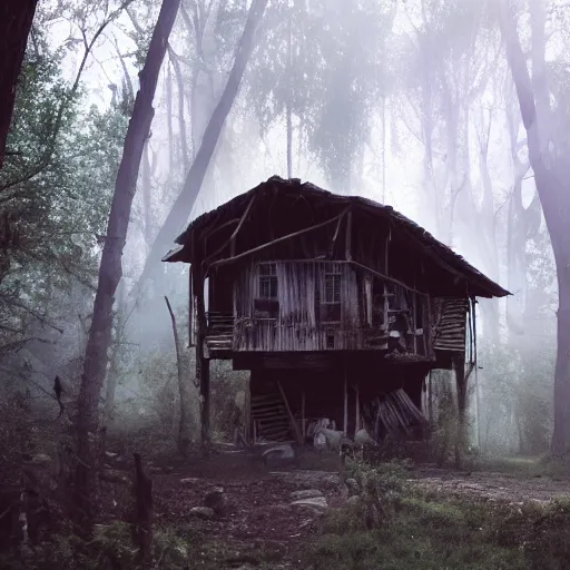 Image similar to a cinematic movie shot of a rustic multi-story ramshackle hut in the magical forest