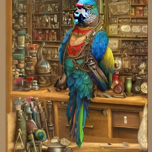 Prompt: A Anthropomorphized parrot trader in his shop, selling his wares, portrait, items, gold, carpet, window, sly expression, cunning expression, D&D, fantasy, intricate, cinematic lighting, highly detailed, digital painting, artstation, concept art, smooth, sharp focus, illustration, art by Akihiko Yoshida, Greg Rutkowski and Alphonse Mucha