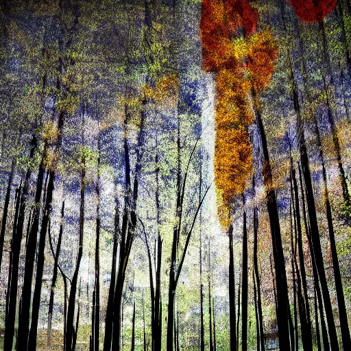 Image similar to double exposure photograph of three eucalyptus trees, flash exposure, autumn, in the style of edward steichen and matisse,