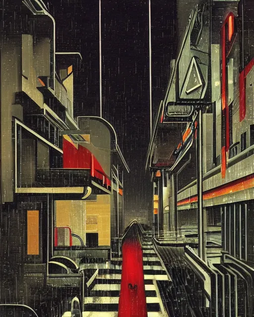 Image similar to melancholy rainy night of cyberpunk city life by de chirico