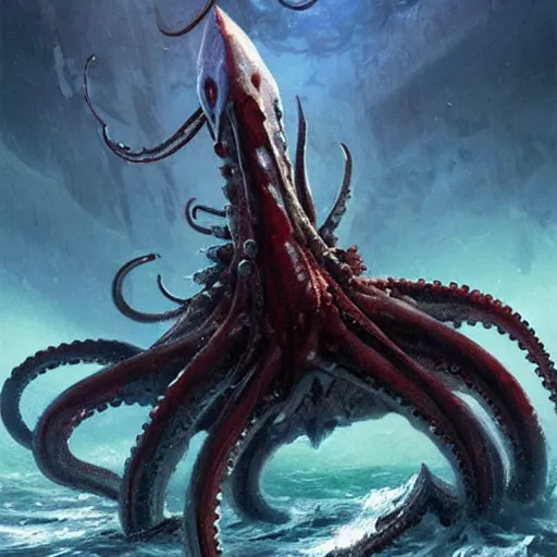 Image similar to a giant squid with bulging eyes, tentacles rising from the sea, exploded ship, magic the gathering art, art by greg rutkowski, fantasy rpg, league of legends