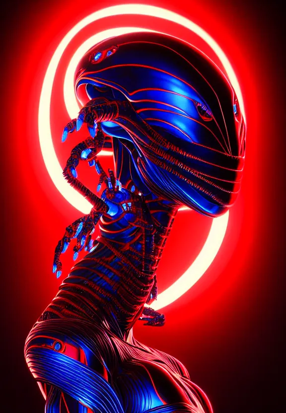 Image similar to ultra realist intricate detailed painting of a single attractive alien female, red sky, red and blue lighting, full body, curvy, black scales and cyborg tech, symmetry accurate features, very intricate details, focus, 8k render, artstyle Hiraku Tanaka, award winning