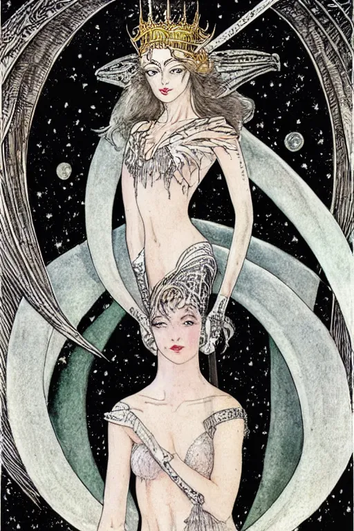 Prompt: detailed portrait of a woman with a bat wing crown, night sky moon background, art by luis royo and walter crane and kay nielsen, watercolor illustration,