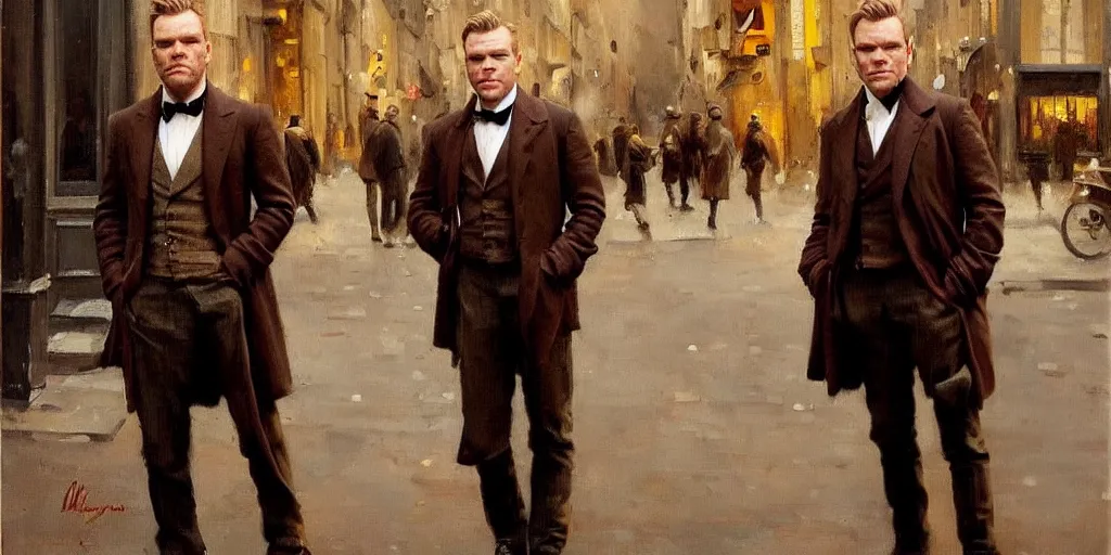 Image similar to we see ewan mcgregor from side. he is dressed as a gentleman at early 2 0 th century paris. atmospheric feeling, warm colours, brown colours, yellow colours, epic scene, cinematic, very detailed, oil painting